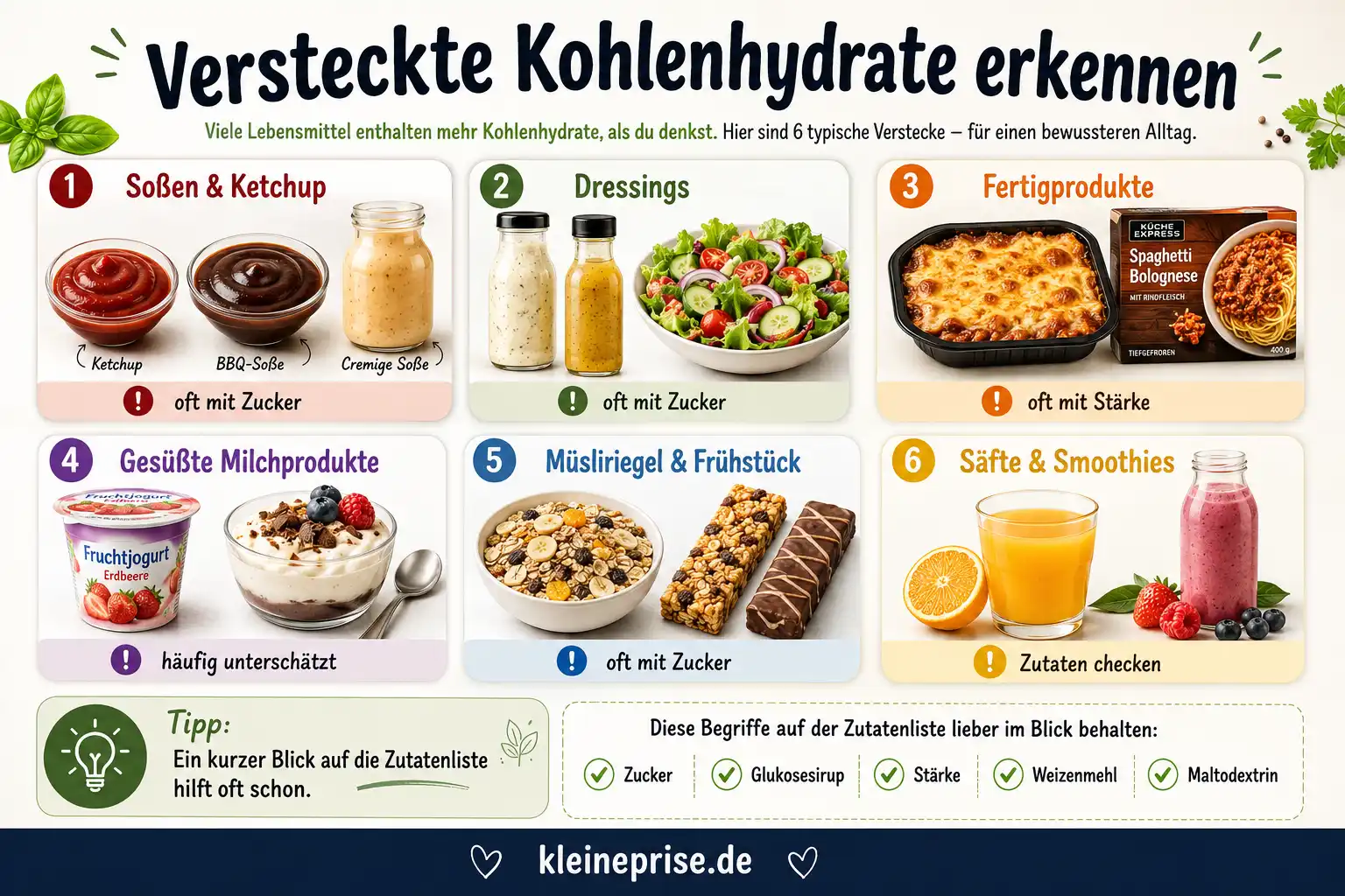 Versteckte Kohlenhydrate erkennen Infografik Infografik Versteckte Kohlenhydrate erkennen mit Soßen, Ketchup, Dressings, Fertigprodukten, Fruchtjoghurt, Müsliriegeln, Säften und Smoothies