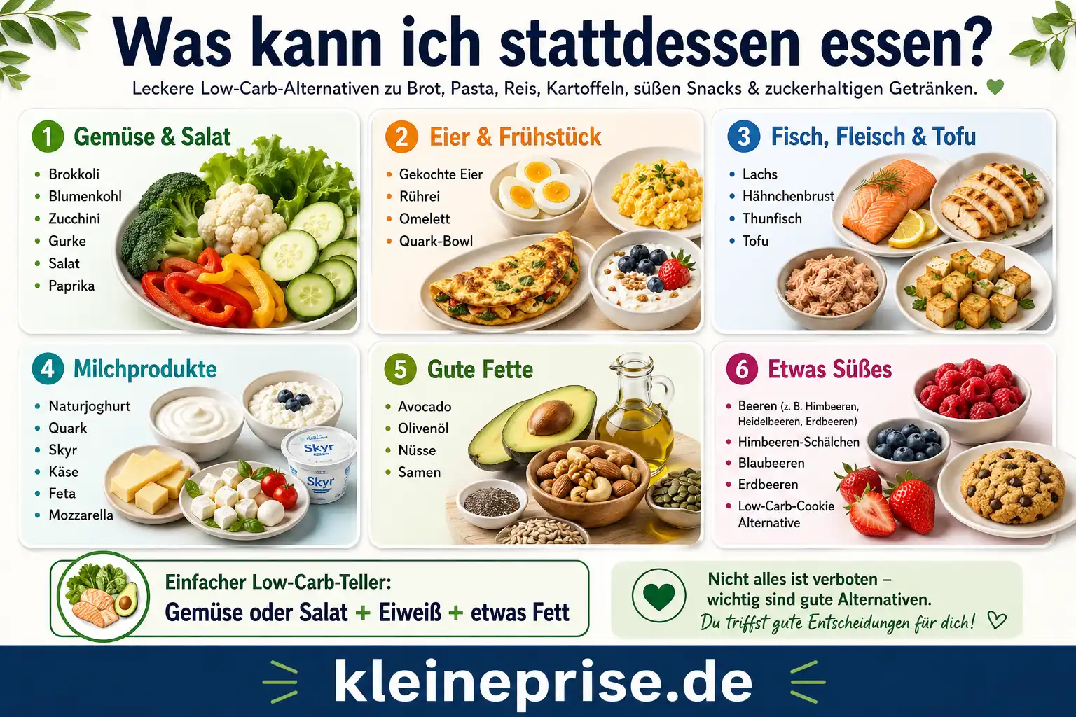 Was kann ich stattdessen essen Infografik Infografik Was kann ich stattdessen essen mit Low Carb Alternativen wie Gemüse, Salat, Eier, Fisch, Fleisch, Tofu, Milchprodukte, Avocado, Nüsse, Samen und Beeren