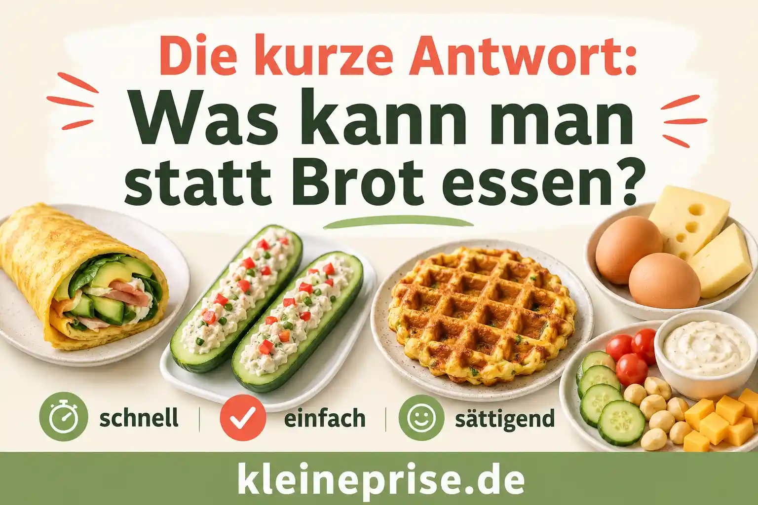 Was kann man statt Brot essen? Infografik zeigt einfache Alternativen statt Brot bei Low Carb wie Omelett-Wrap, Gurken-Boote, Chaffle, Eier, Käse und Snack-Teller.