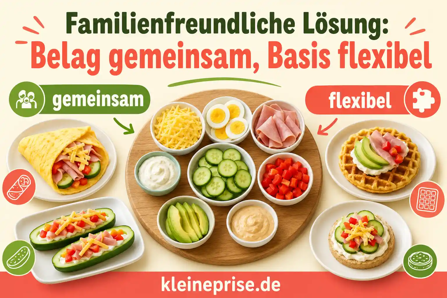 Familienfreundliche Low Carb Lösung mit flexiblem Brot-Ersatz Infografik zeigt eine familienfreundliche Low-Carb-Lösung mit gemeinsamem Belag und flexiblen Grundlagen wie Omelett-Wrap, Gurken-Booten, Chaffle und Snack-Teller.