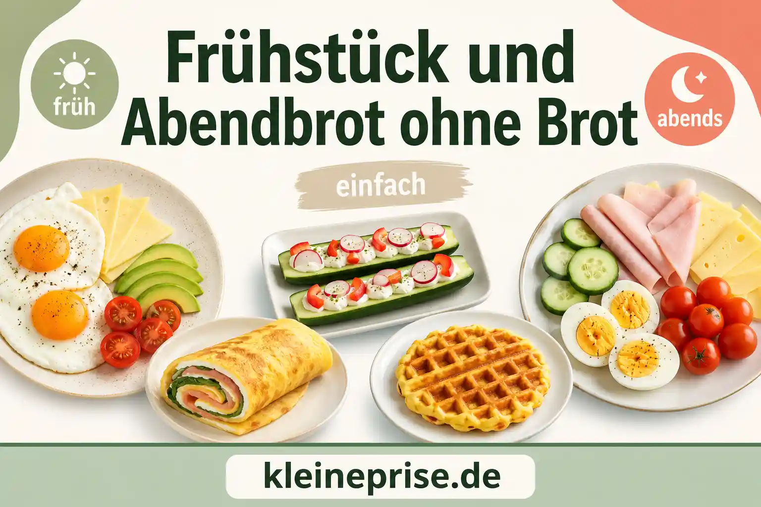 Frühstück und Abendbrot ohne Brot Infografik zeigt Low-Carb-Ideen für Frühstück und Abendbrot ohne Brot mit Eiern, Käse, Omelett-Wrap, Gurken-Booten, Chaffle und kaltem Teller.