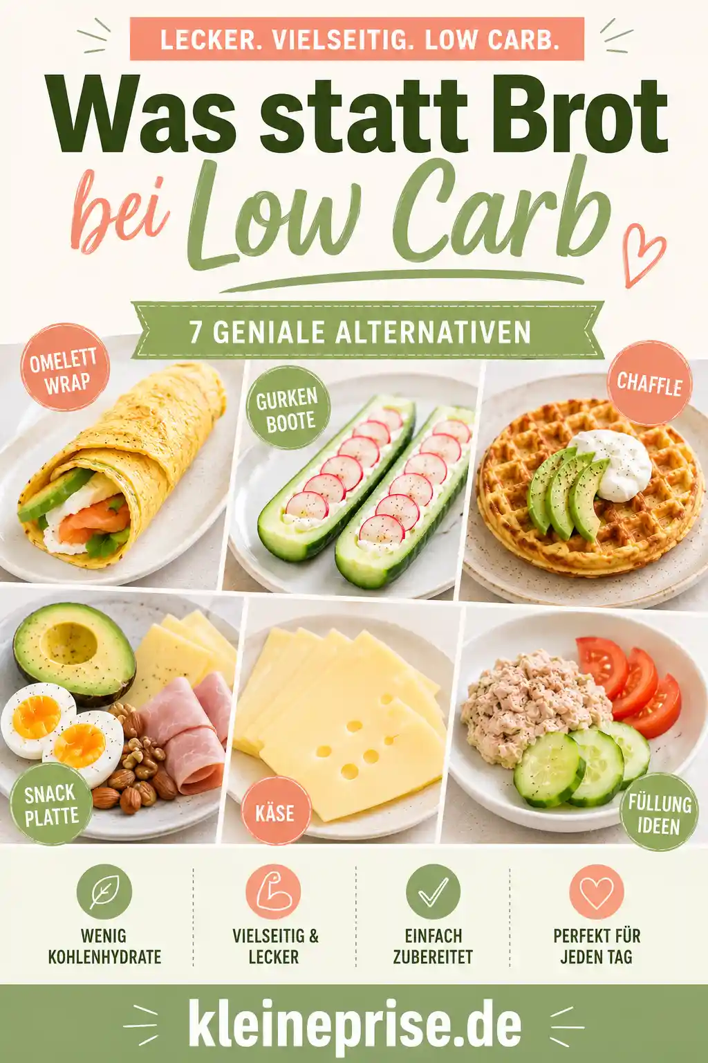 Was statt Brot bei Low Carb Pinterest Pin Pinterest-Grafik mit dem Schriftzug Was statt Brot bei Low Carb, verschiedenen Brot-Alternativen und dem Webseitennamen kleineprise.de.