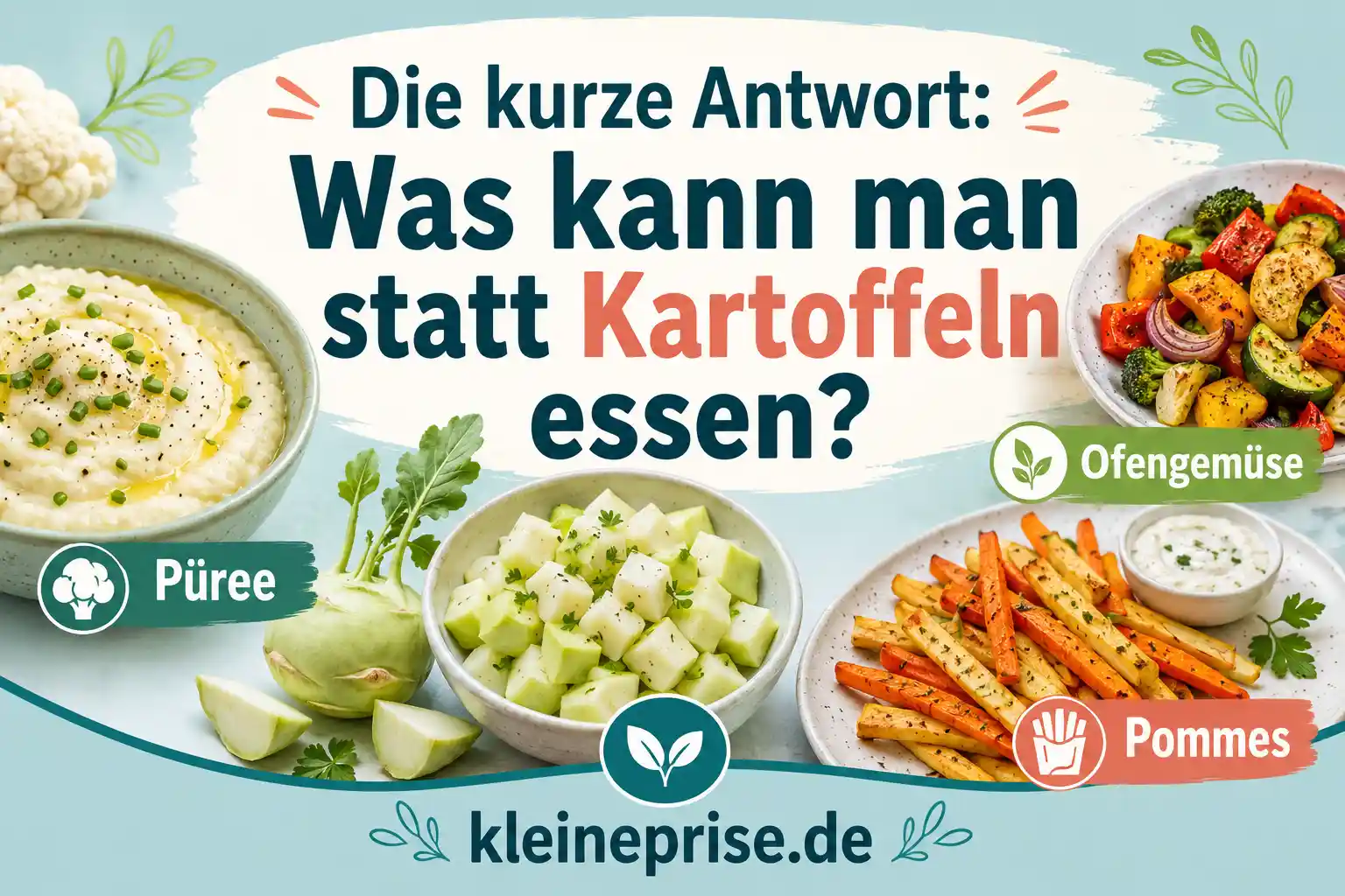 Was kann man statt Kartoffeln essen? Infografik zeigt einfache Alternativen statt Kartoffeln bei Low Carb wie Püree, Pommes und Ofengemüse.
