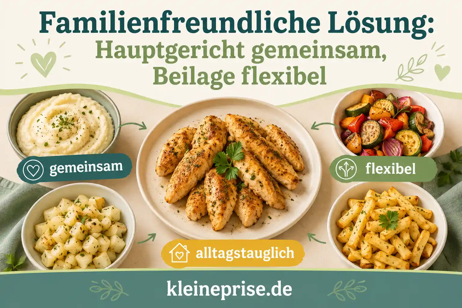 Familienfreundliche Low Carb Lösung mit flexibler Beilage Infografik zeigt eine familienfreundliche Low-Carb-Lösung mit gemeinsamem Hauptgericht und flexiblen Beilagen wie Blumenkohlpüree, Kohlrabiwürfeln, Pommes-Alternative und Ofengemüse.