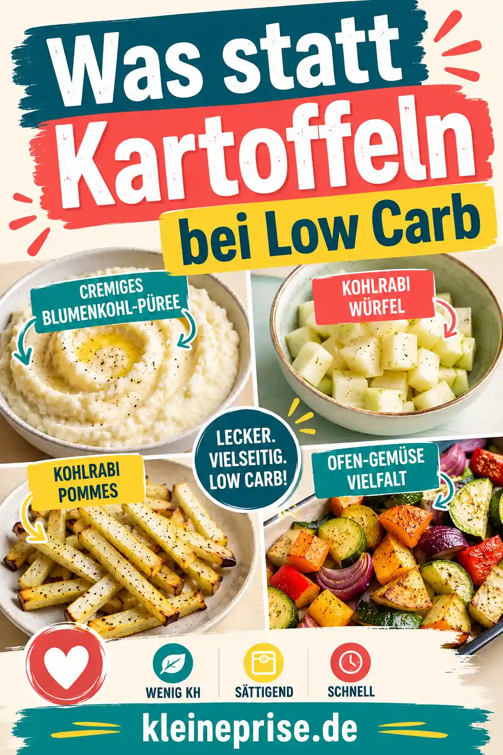Was statt Kartoffeln bei Low Carb Pinterest Pin Pinterest-Grafik mit dem Schriftzug Was statt Kartoffeln bei Low Carb, verschiedenen Kartoffel-Alternativen und dem Webseitennamen kleineprise.de.