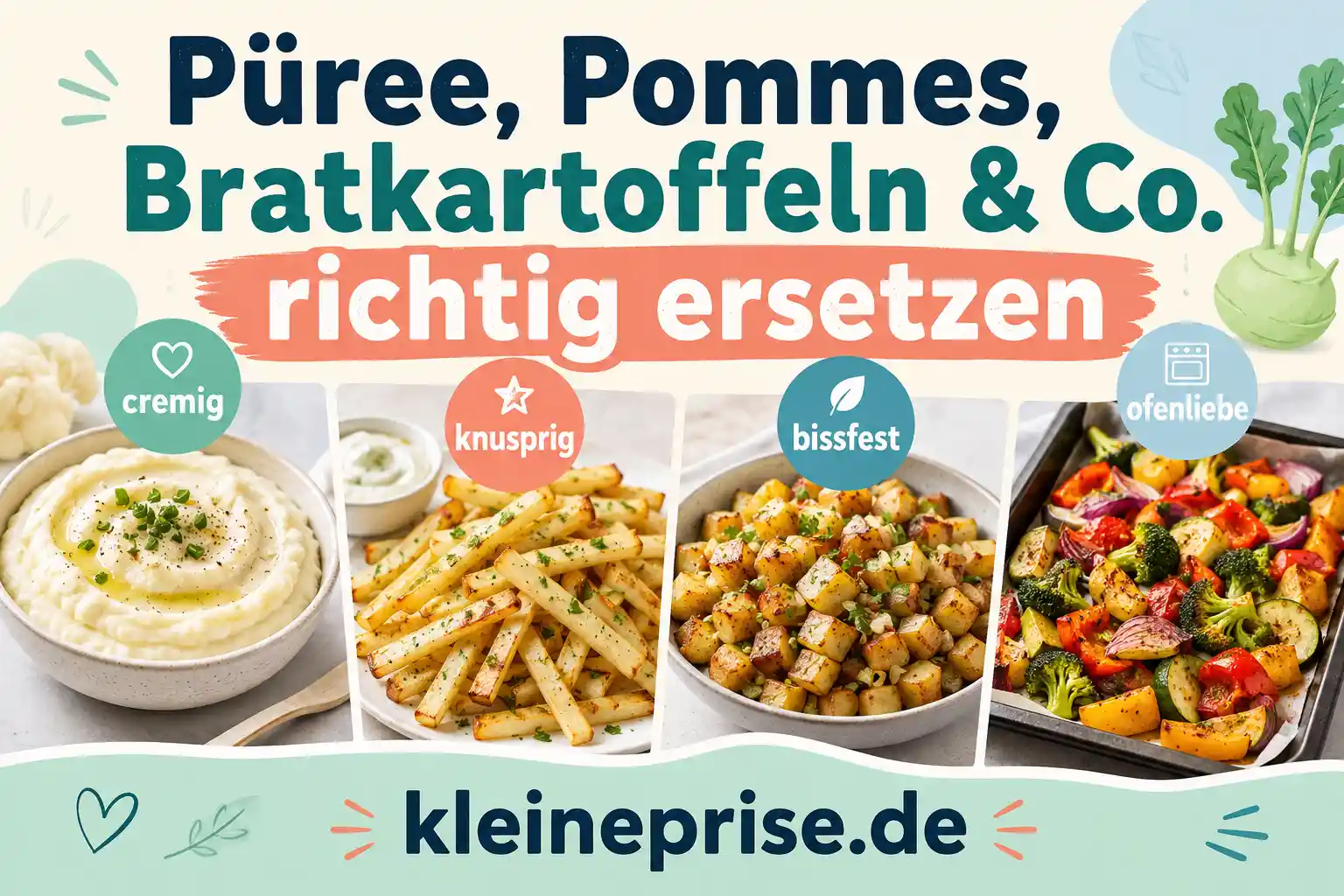 Püree Pommes Bratkartoffeln richtig ersetzen Infografik zeigt, wie man Kartoffelpüree, Pommes und Bratkartoffeln bei Low Carb durch passende Alternativen ersetzen kann.