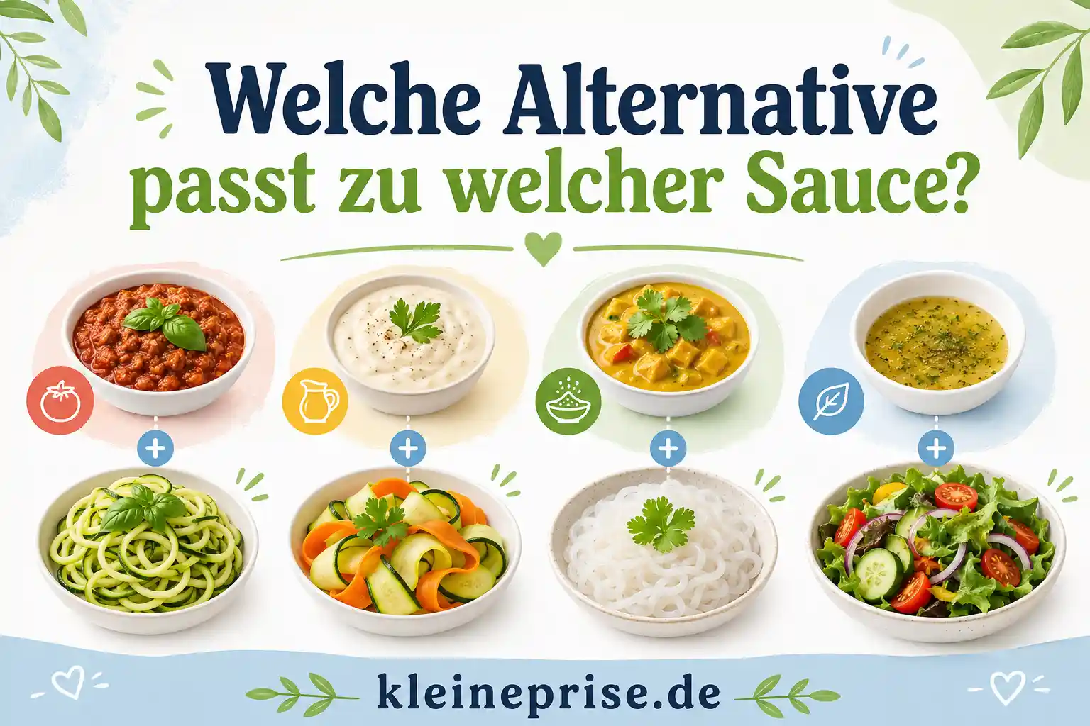 Welche Low-Carb-Alternative passt zu welcher Sauce? Infografik zeigt, welche Low-Carb-Nudelalternative zu welcher Sauce passt, zum Beispiel Bolognese mit Zoodles, Sahnesauce mit Gemüsebändern, Curry mit Konjaknudeln und Dressing mit Salat.
