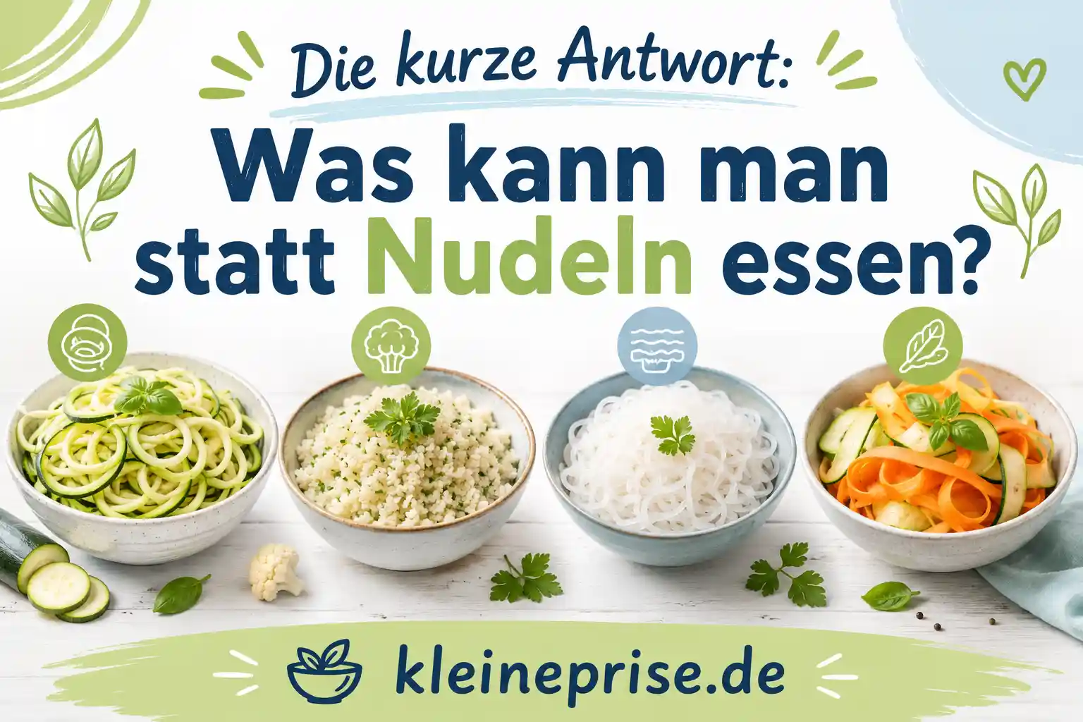 Was kann man statt Nudeln essen? Infografik zeigt einfache Alternativen statt Nudeln bei Low Carb wie Zucchini-Nudeln, Blumenkohlreis, Konjaknudeln und Gemüsebänder.