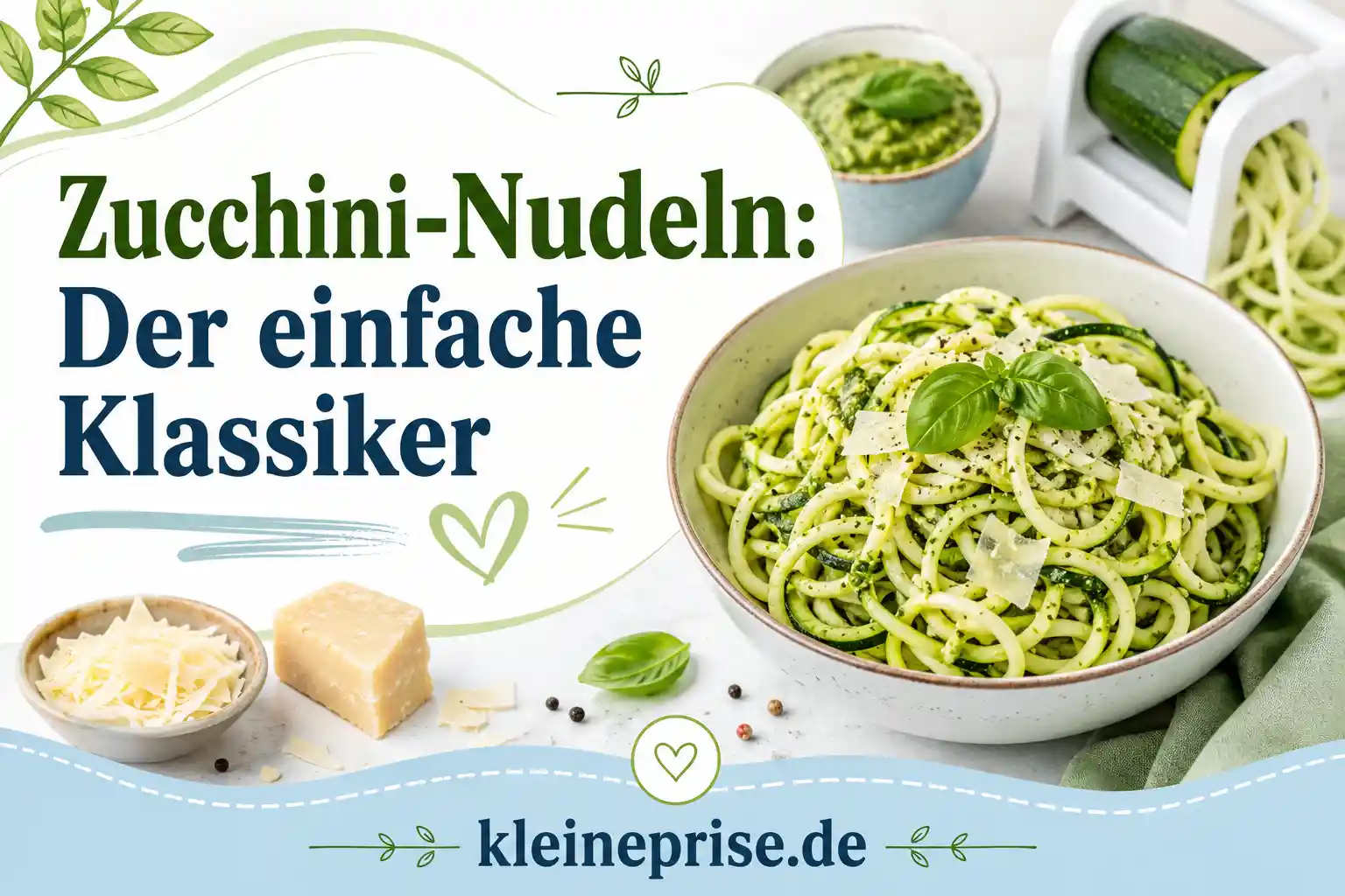 Zucchini-Nudeln der einfache Klassiker Infografik zeigt Zucchini-Nudeln als einfache Low-Carb-Alternative zu Nudeln mit Sauce, Käse und Spiralschneider.