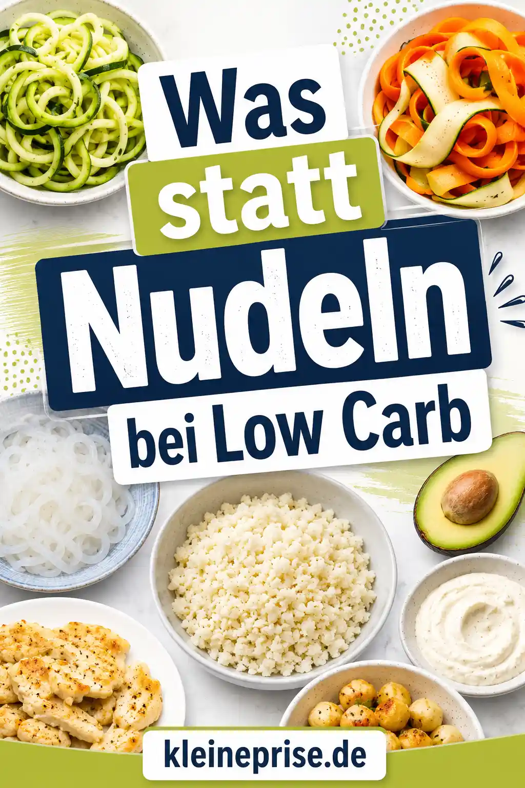 Was statt Nudeln bei Low Carb Pinterest Pin Pinterest-Grafik mit dem Schriftzug Was statt Nudeln bei Low Carb, verschiedenen Low-Carb-Nudelalternativen und dem Webseitennamen kleineprise.de.