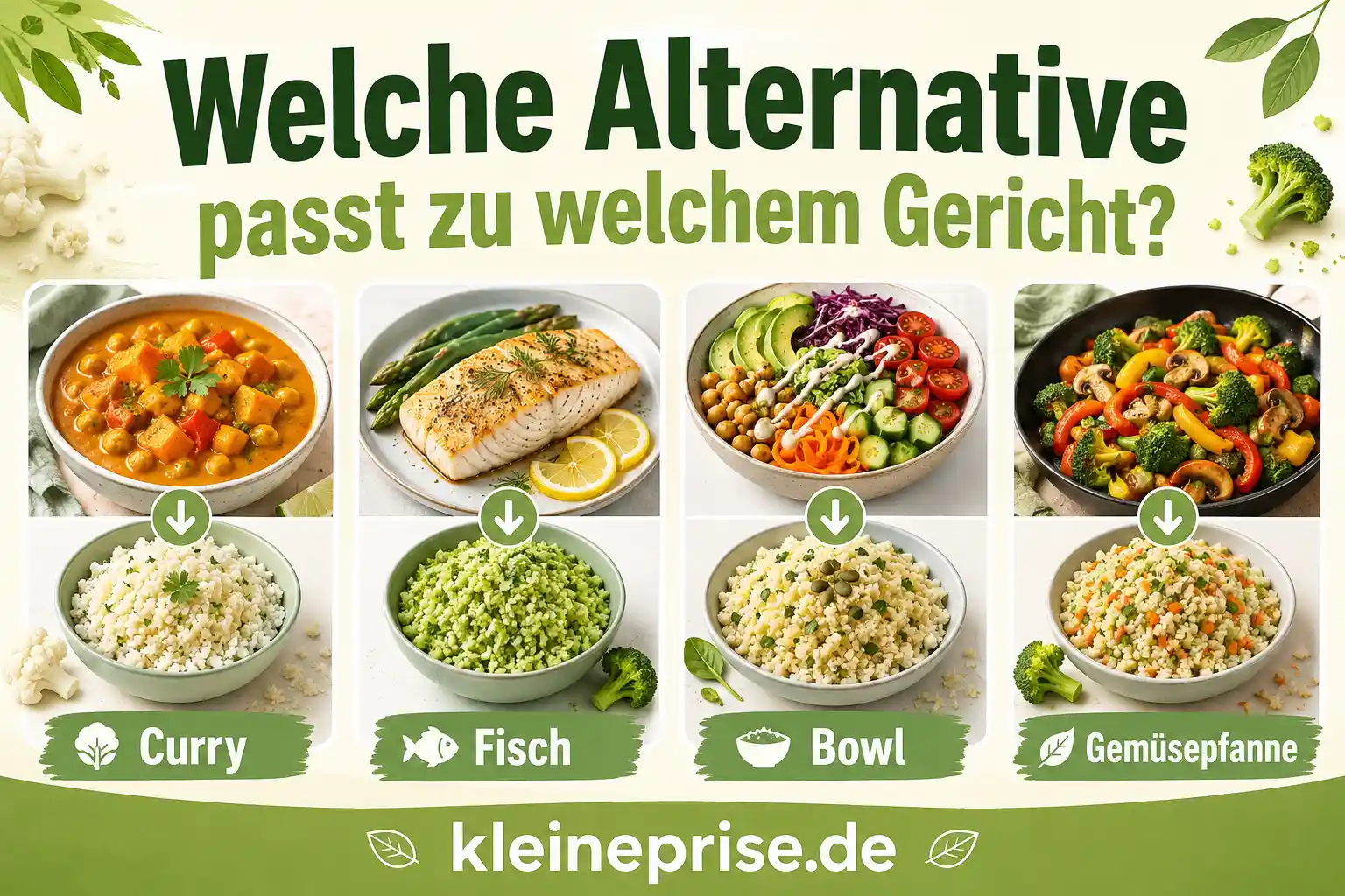 Welche Low-Carb-Alternative passt zu welchem Gericht? Infografik zeigt, welche Low-Carb-Reisalternative zu welchem Gericht passt, zum Beispiel Curry mit Blumenkohlreis, Fisch mit Brokkolireis, Bowl mit frischer Basis und Gemüsepfanne.