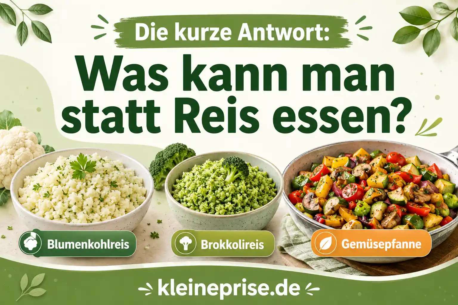 Was kann man statt Reis essen? Infografik zeigt einfache Alternativen statt Reis bei Low Carb wie Blumenkohlreis, Brokkolireis und Gemüsepfanne.