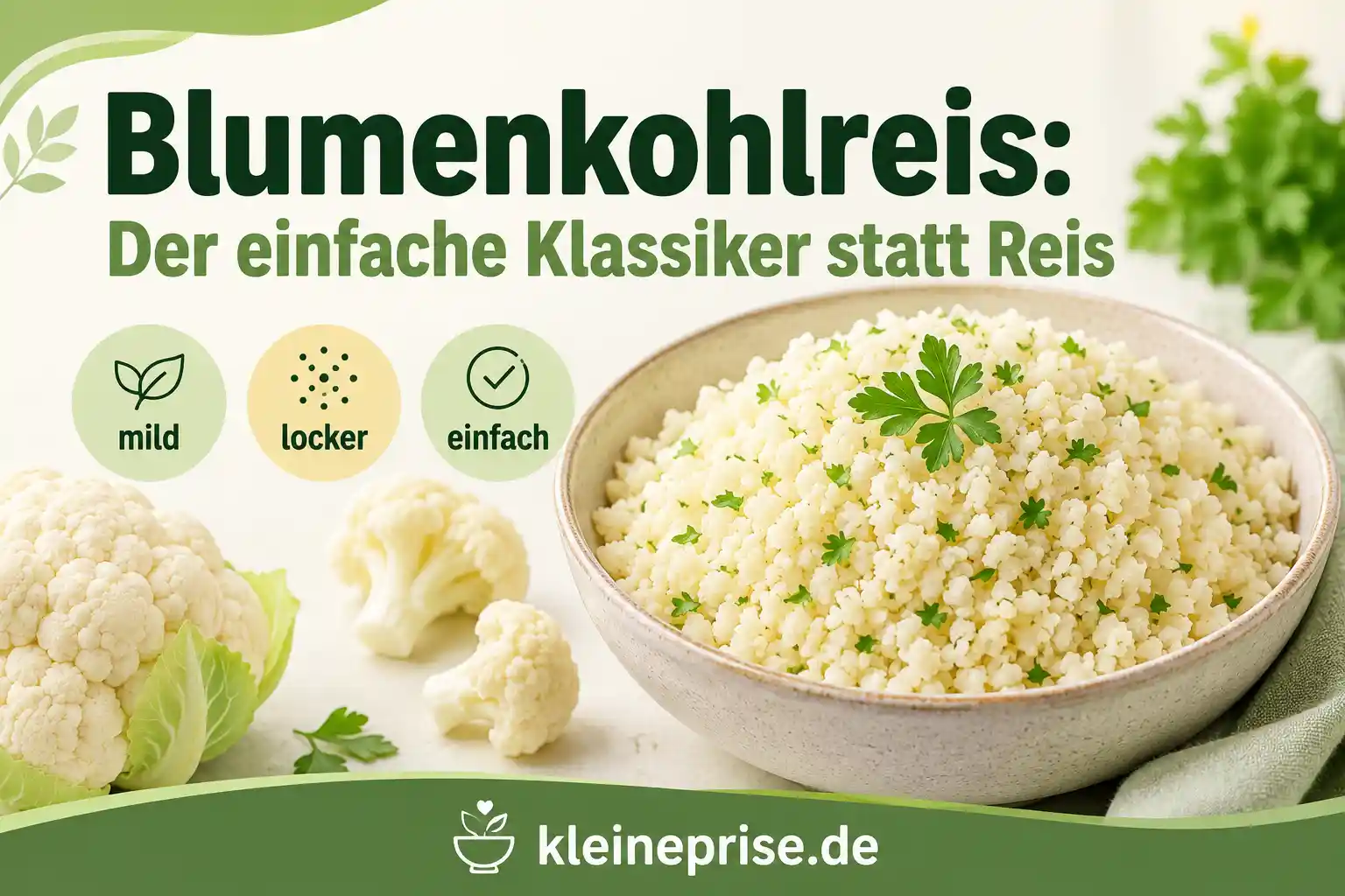 Blumenkohlreis der einfache Klassiker statt Reis Infografik zeigt Blumenkohlreis als einfache Low-Carb-Alternative zu Reis mit den Eigenschaften mild, locker und einfach.