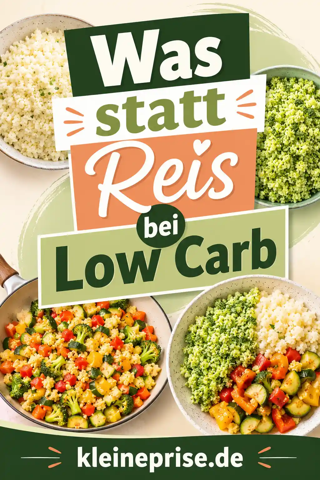 Was statt Reis bei Low Carb Pinterest Pin Pinterest-Grafik mit dem Schriftzug Was statt Reis bei Low Carb, verschiedenen Low-Carb-Reisalternativen und dem Webseitennamen kleineprise.de.