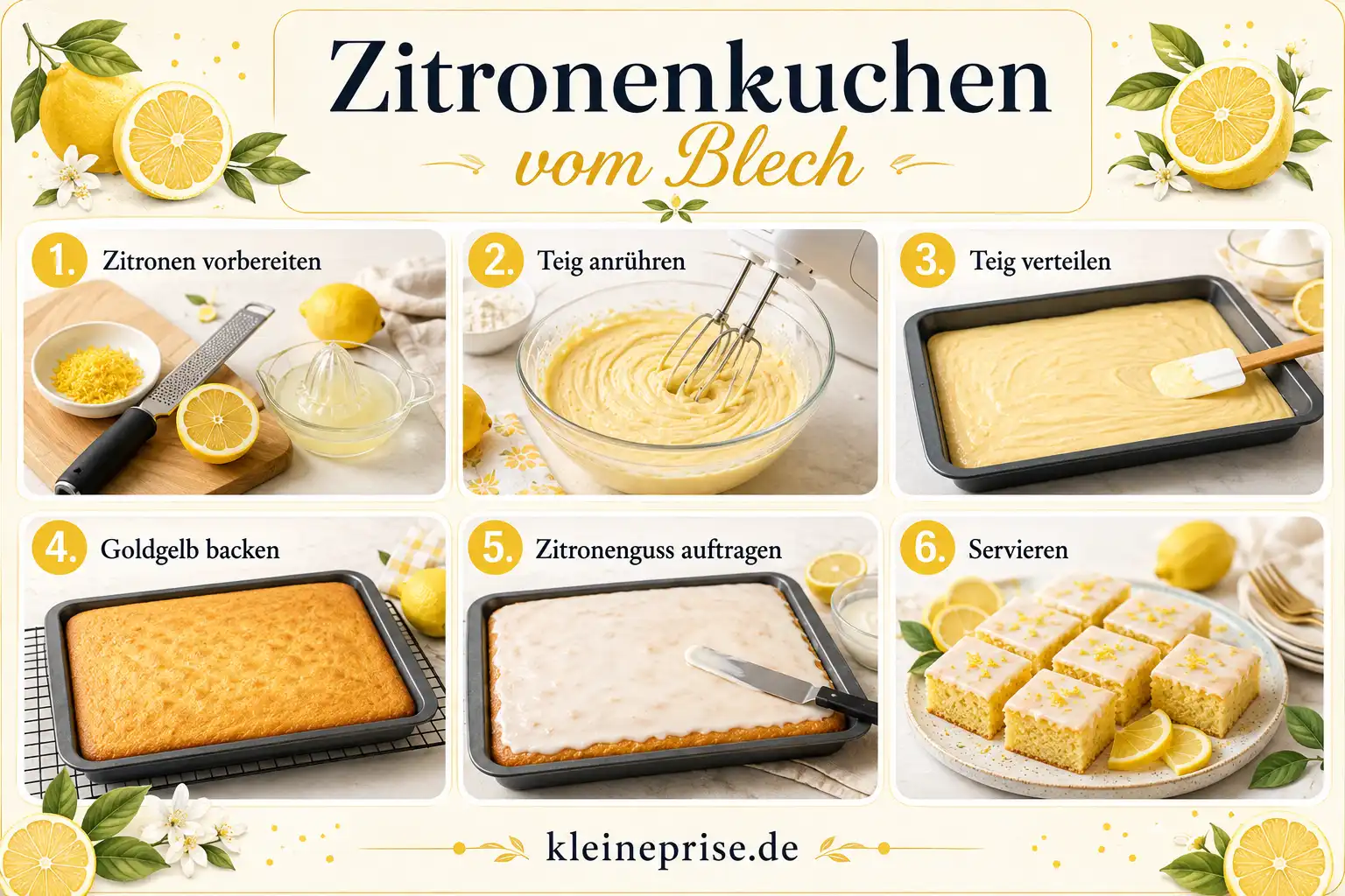 Zitronenkuchen vom Blech Schritt für Schritt Schritt für Schritt Anleitung für Zitronenkuchen vom Blech mit sechs Zubereitungsschritten
