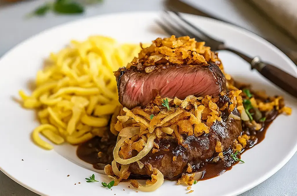Schwäbische Linsen mit Spätzle Zwiebelrostbraten – einfaches Rezept